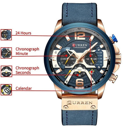 Montre CURREN homme, boîtier bleu et or rose, bracelet cuir bleu, cadran multifonction avec chronographe et date. Style urbain.