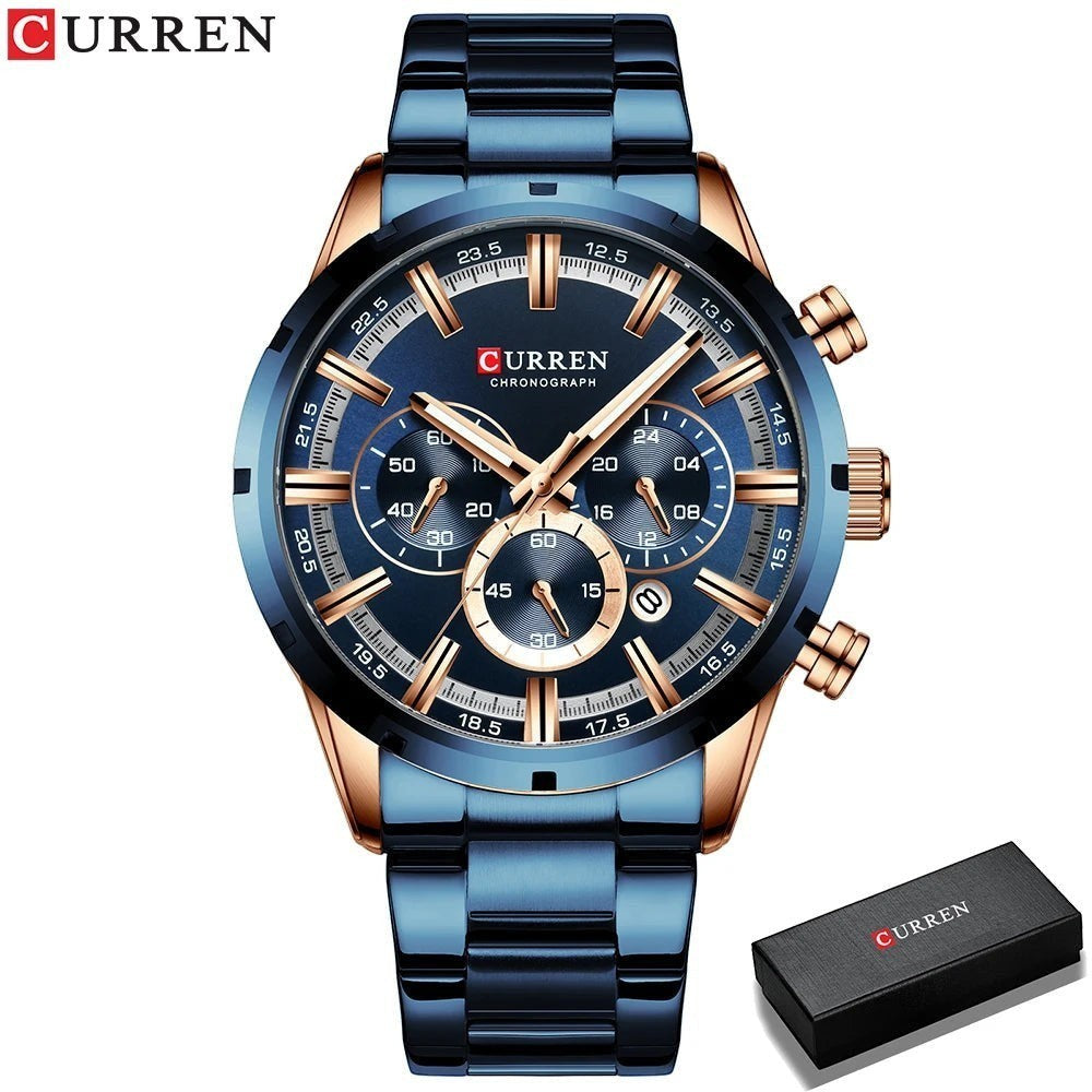 Montre AKJ Fashion CURREN chronographe bleue et or, bracelet acier inoxydable, cadran rond avec date automatique et aiguilles lumineuses.