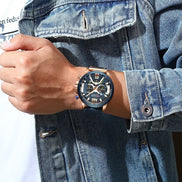 Montre CURREN homme avec bracelet en cuir bleu et cadran bleu foncé, boîtier doré, style urbain décontracté.