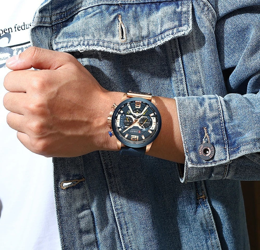 Montre CURREN homme avec bracelet en cuir bleu et cadran bleu foncé, boîtier doré, style urbain décontracté.