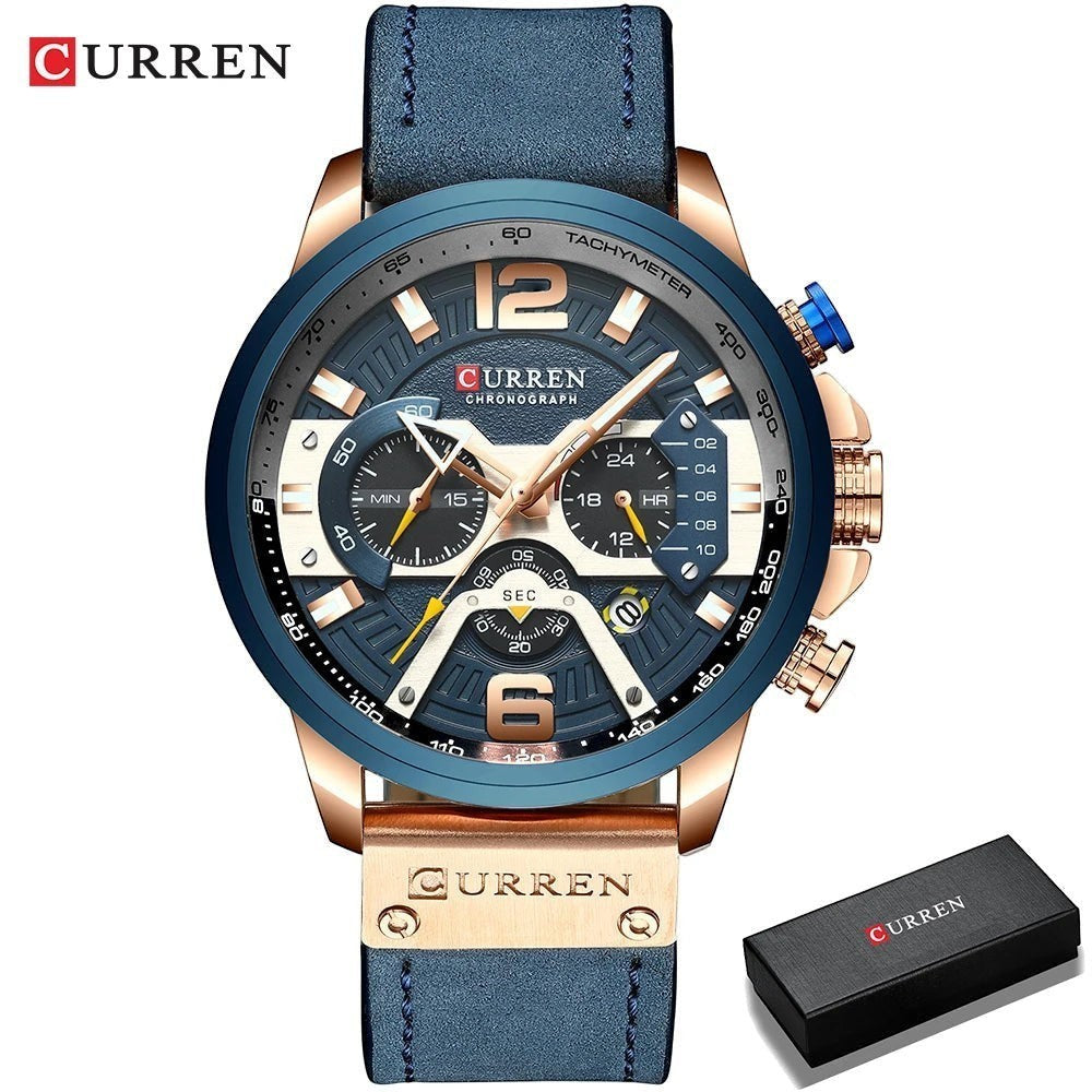 Montre AKJ Fashion CURREN homme, bracelet cuir bleu, boîtier acier or rose, cadran bleu avec chronographe et date. Style urbain.