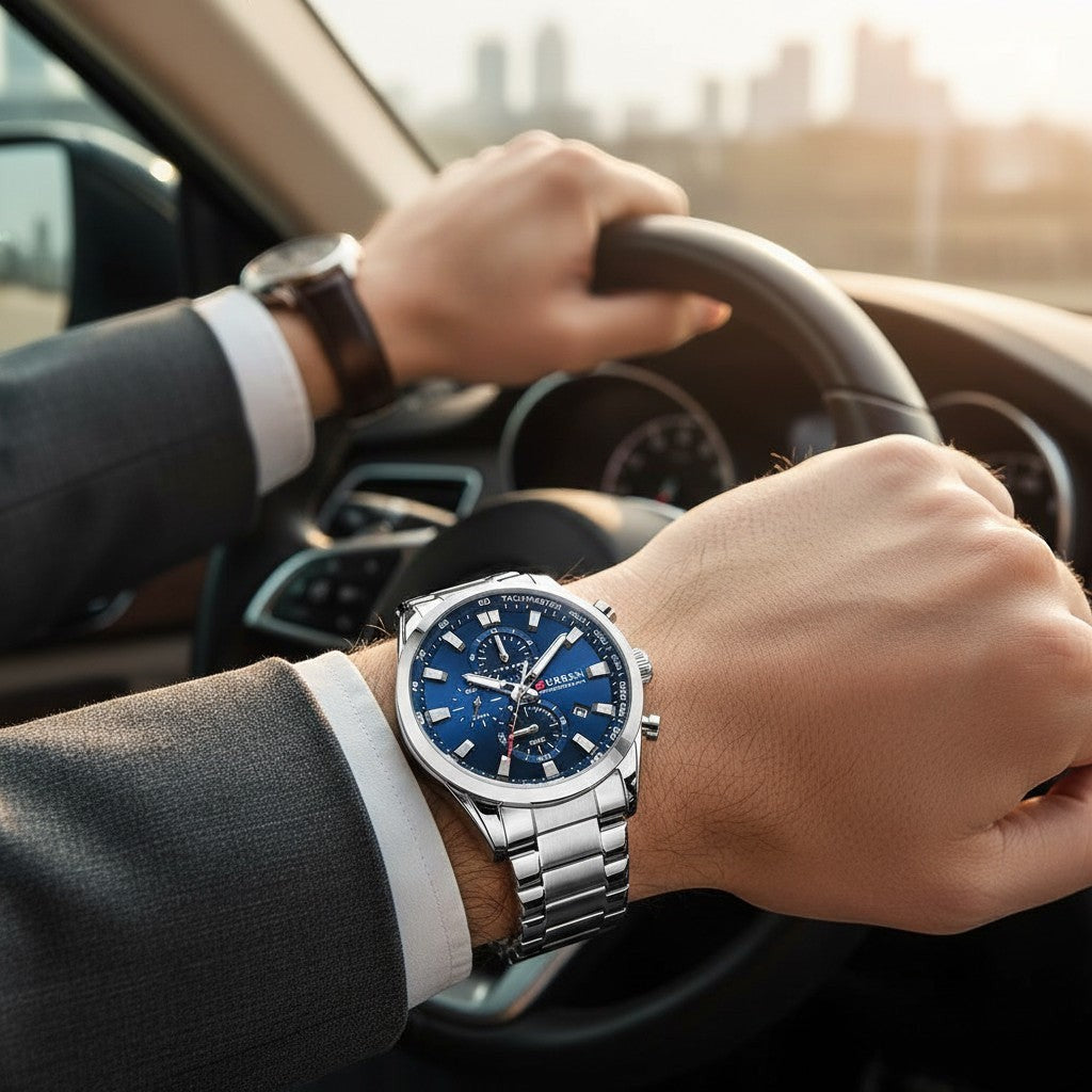 Montre sport AKJ Fashion CURREN avec cadran bleu, bracelet argenté, pour homme. Style affirmé.