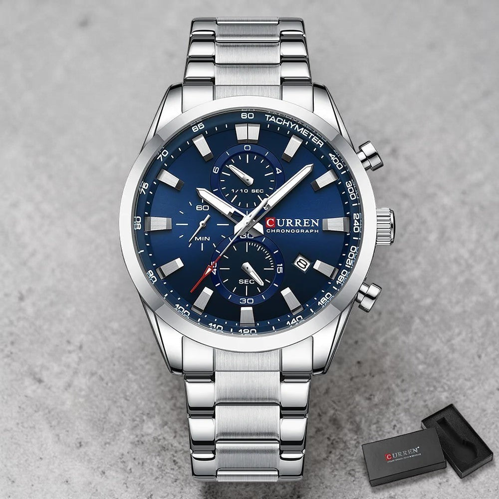 Montre chronographe AKJ Fashion CURREN Sport homme, cadran bleu 44mm, bracelet argenté en acier inoxydable, style sportif chic.