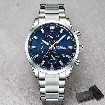 Montre chronographe AKJ Fashion CURREN Sport homme, cadran bleu 44mm, bracelet argenté en acier inoxydable, style sportif chic.