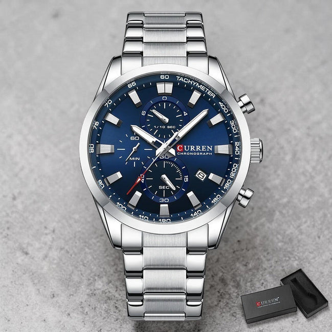 Montre chronographe AKJ Fashion CURREN Sport homme, cadran bleu 44mm, bracelet argenté en acier inoxydable, style sportif chic.