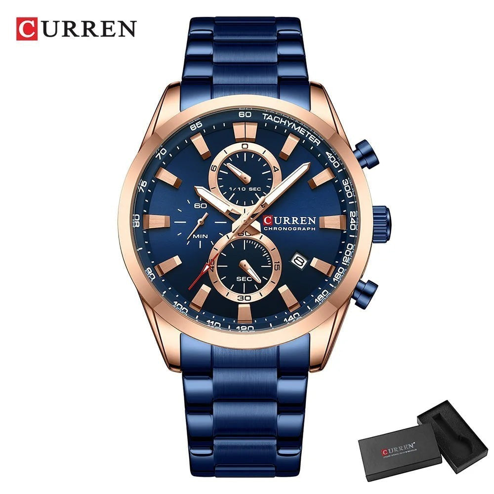 Montre chronographe AKJ Fashion CURREN Sport bleue avec bracelet en acier inoxydable bleu et boîtier or rose. Cadran 44 mm.
