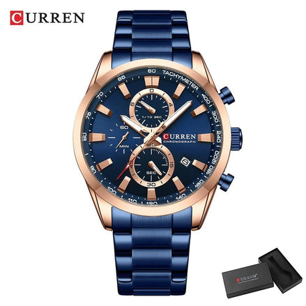 Montre chronographe AKJ Fashion CURREN Sport bleue avec bracelet en acier inoxydable bleu et boîtier or rose. Cadran 44 mm.