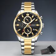 Montre homme AKJ Fashion CURREN Sport chronographe cadran noir bracelet bicolore argent et or