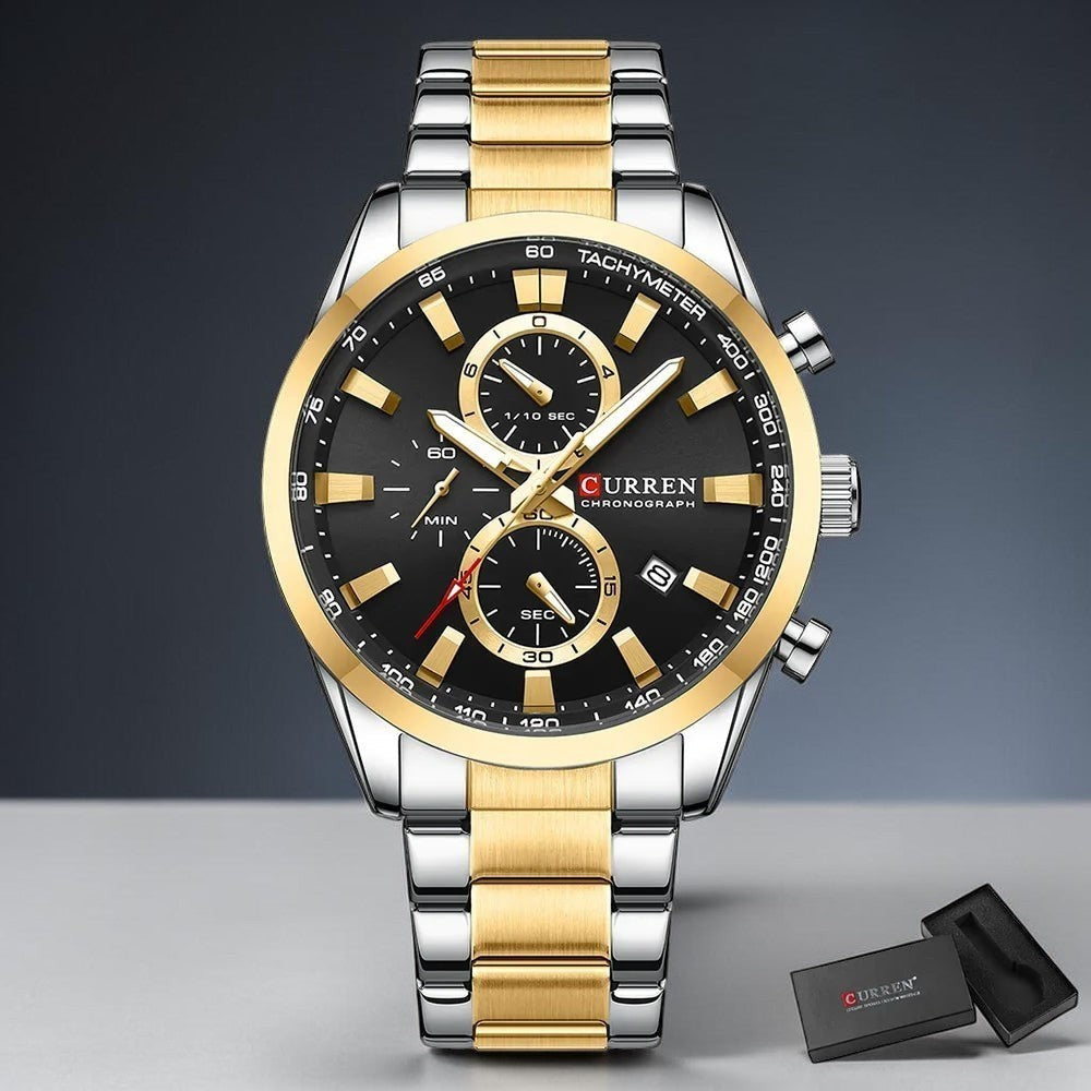 Montre homme AKJ Fashion CURREN Sport chronographe cadran noir bracelet bicolore argent et or
