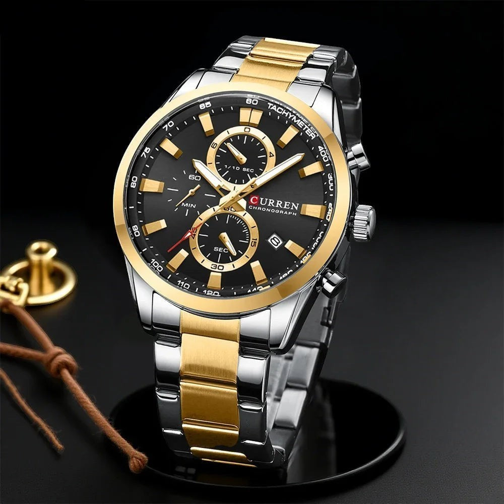 Montre AKJ Fashion CURREN Sport homme, cadran noir 44mm, bracelet bicolore argent et or, chronographe, style sportif chic.