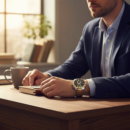 Montre homme AKJ Fashion CURREN Sport, cadran noir et doré, bracelet bicolore argent et or, style sportif chic.