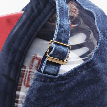 AKJ Fashion navy blue cotton denim baseball cap with adjustable strap and brass buckle, vintage style.