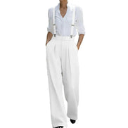 AKJ Fashion pantalon blanc taille haute fluide avec bretelles, coupe tailleur, jambes larges, poches discrètes.