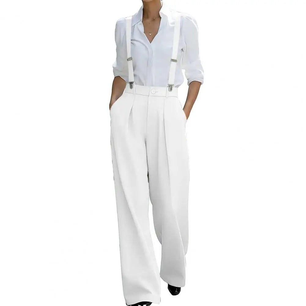 AKJ Fashion pantalon blanc taille haute fluide avec bretelles, coupe tailleur, jambes larges, poches discrètes.