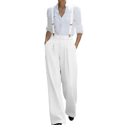 AKJ Fashion pantalon blanc taille haute fluide avec bretelles, coupe tailleur, jambes larges, poches discrètes.