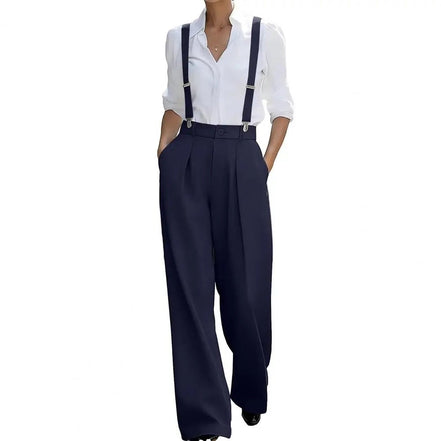 AKJ Fashion pantalon large bleu marine taille haute fluide avec bretelles, coupe tailleur, poches discrètes.