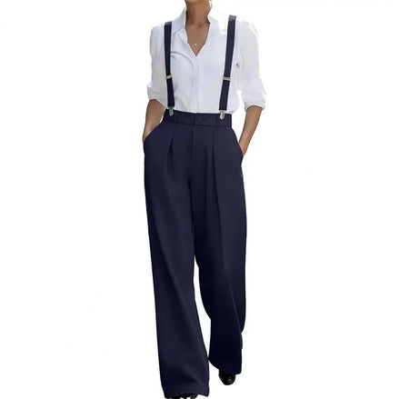 AKJ Fashion pantalon large bleu marine taille haute fluide avec bretelles, coupe tailleur, poches discrètes.