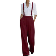 AKJ Fashion Pantalon large taille haute bordeaux avec bretelles, coupe tailleur fluide, poches latérales.