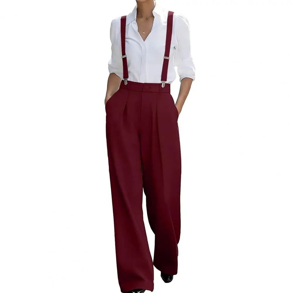 AKJ Fashion pantalon large taille haute bordeaux avec bretelles amovibles, coupe tailleur fluide.