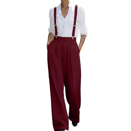 AKJ Fashion pantalon large taille haute bordeaux avec bretelles amovibles, coupe tailleur fluide.