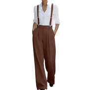 AKJ Fashion pantalon large marron taille haute avec bretelles amovibles, coupe tailleur fluide