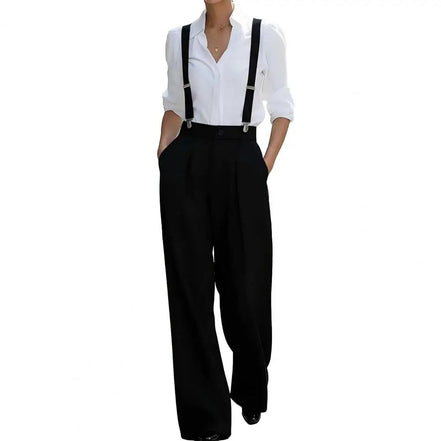 AKJ Fashion pantalon large noir taille haute fluide avec bretelles, coupe tailleur, poches discrètes.