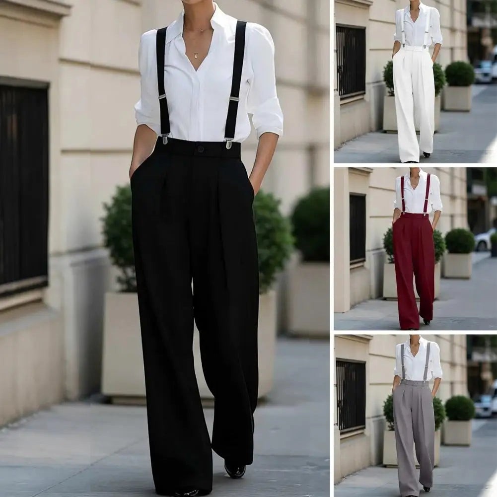 AKJ Fashion pantalon large taille haute noir fluide avec bretelles, coupe tailleur, idéal pour un look chic androgyne.