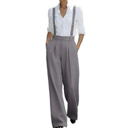 AKJ Fashion pantalon tailleur gris taille haute fluide avec bretelles, coupe large et élégante.