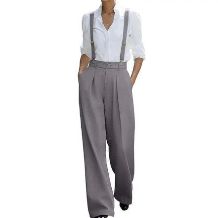 AKJ Fashion pantalon tailleur gris taille haute fluide avec bretelles, coupe large et élégante.