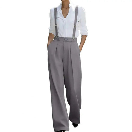 AKJ Fashion pantalon tailleur gris taille haute fluide avec bretelles, coupe large et élégante.