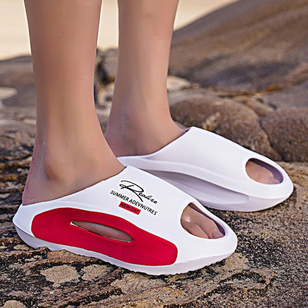 AKJ Fashion pantoufles unisexes blanches et rouges avec inscription "Realize". Idéales pour l'été.