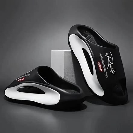 AKJ Fashion Pantoufles unisexes noires et blanches avec inscription 'Reality New Day', idéales pour l'été.