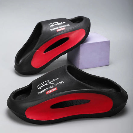 AKJ Fashion pantoufles unisexes noires et rouges avec inscription, idéales pour l'été et le confort.