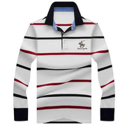 Polo AKJ Fashion à manches longues, coton léger rayé blanc, rouge et noir, avec broderie équestre.