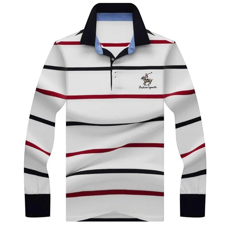 Polo AKJ Fashion à manches longues, coton léger rayé blanc, rouge et noir, avec broderie équestre.