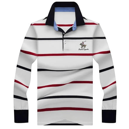 Polo AKJ Fashion à manches longues, coton léger rayé blanc, rouge et noir, avec broderie équestre.