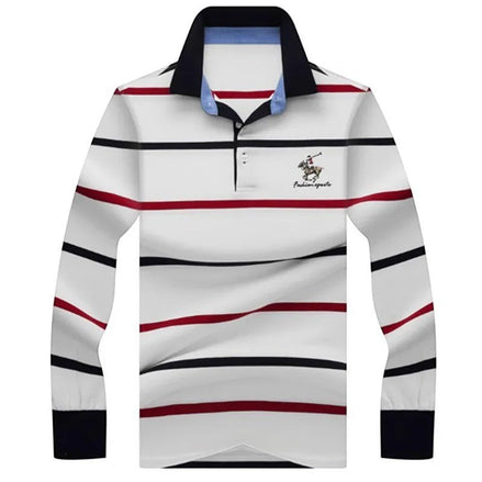 Polo AKJ Fashion à manches longues, coton léger rayé blanc, rouge et noir, avec broderie équestre.