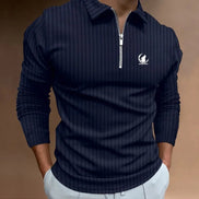 AKJ Fashion polo homme bleu marine à rayures verticales, manches longues, col zippé, coupe décontractée