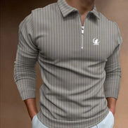 Polo AKJ Fashion homme gris à rayures verticales, manches longues, col zippé 1/4, tissu respirant, coupe décontractée.