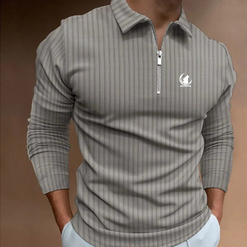 Polo AKJ Fashion homme gris à rayures verticales, manches longues, col zippé 1/4, tissu respirant, coupe décontractée.