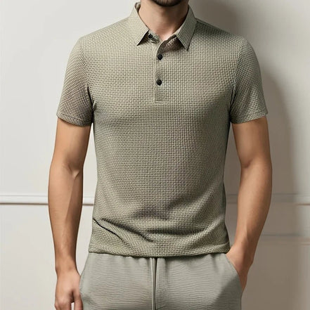 Polo homme AKJ Fashion kaki à manches courtes, col à revers, maille texturée, coupe ajustée, idéal pour l'été.