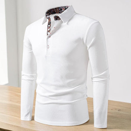 Polo blanc AKJ Fashion homme manches longues en coton, col à motif cachemire, idéal pour un look casual ou smart-casual.