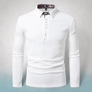 Polo blanc AKJ Fashion à manches longues pour homme avec col à motif cachemire et patte boutonnée