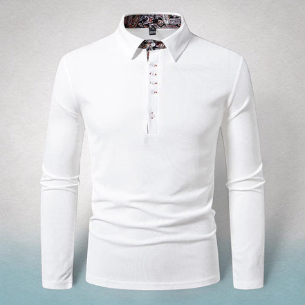 Polo blanc AKJ Fashion à manches longues pour homme avec col à motif cachemire et patte boutonnée