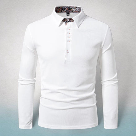 Polo blanc AKJ Fashion à manches longues pour homme avec col à motif cachemire et patte boutonnée