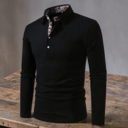 Polo noir AKJ Fashion à manches longues pour homme avec col à motif cachemire et patte boutonnée