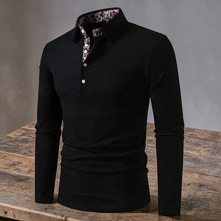 Polo noir AKJ Fashion à manches longues pour homme avec col à motif cachemire et patte boutonnée