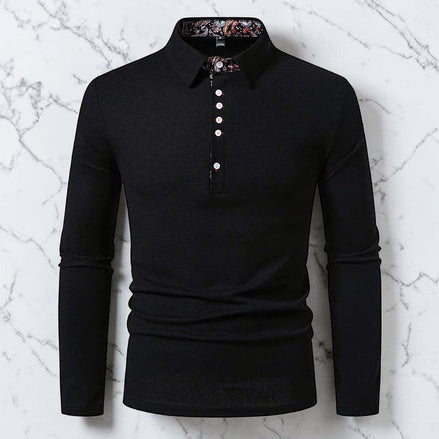 Polo noir AKJ Fashion à manches longues avec col à motifs et boutons blancs, coupe ajustée