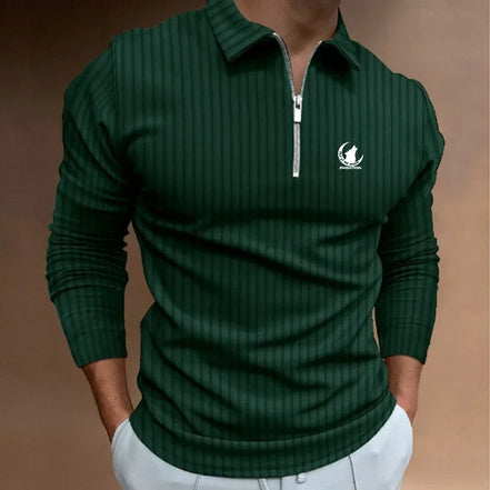 AKJ Fashion polo homme manches longues vert foncé zippé, tissu respirant, motif à rayures verticales, col polo.