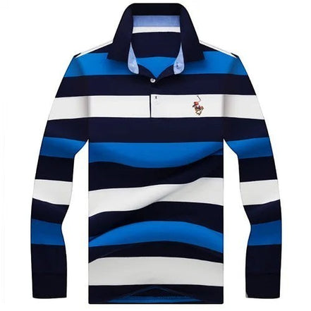 Polo manches longues AKJ Fashion rayé bleu marine, blanc et bleu clair en coton léger avec logo brodé sur la poitrine.